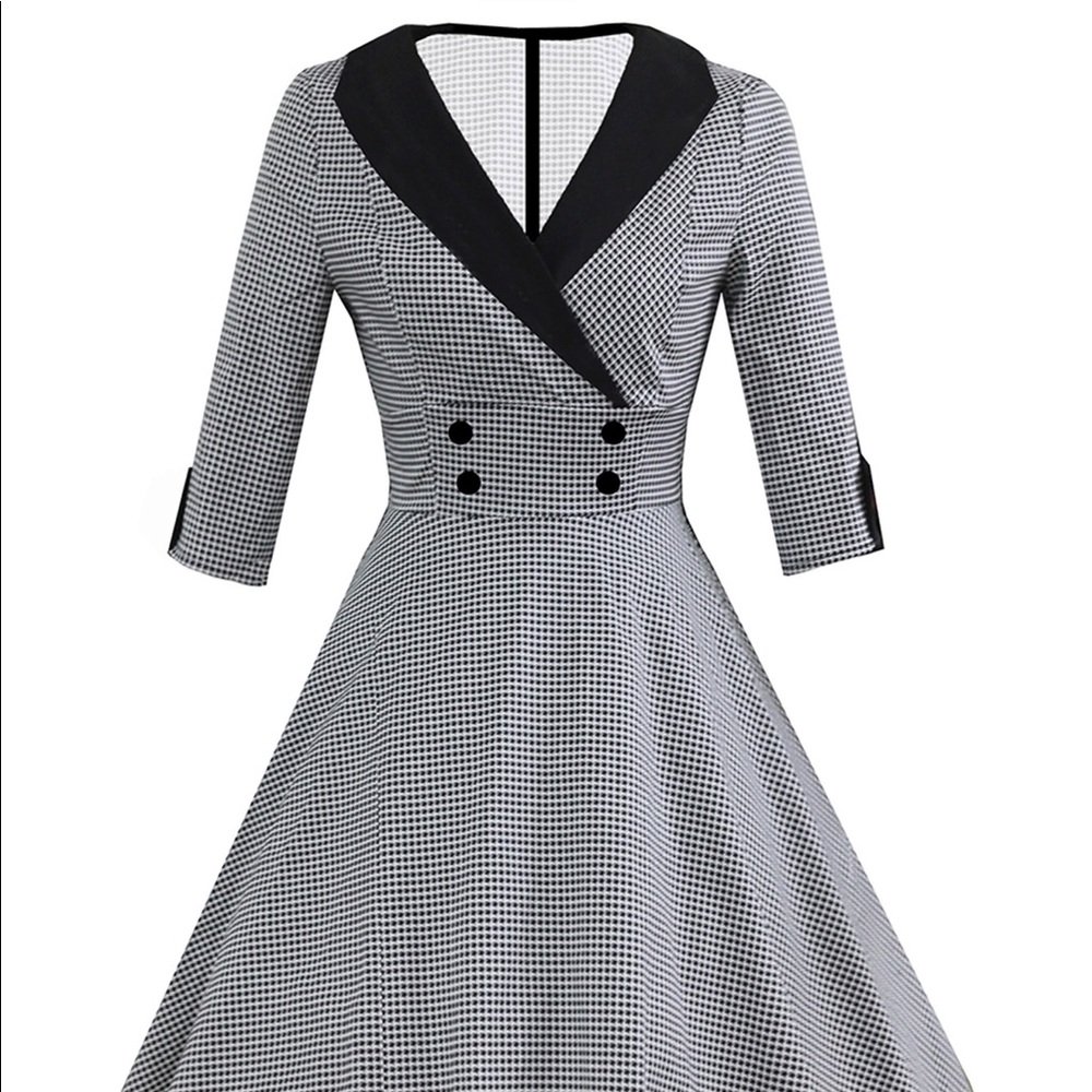 CONTRAST COLLAR HOUNDSTOOTH CIRCLE DRESS, LARGE